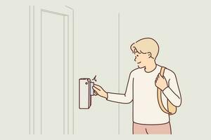 Man uses key-card for open door and gain access to back room in office. Guy with key-card for identification and authorization of company employees coming to work and gaining access in building vector