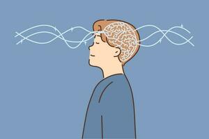 Glowing brain in head of man closing eyes for concept of psychological health and meditation with calming effect. Waves passing through guy brain as metaphor for telepathy or psychoanalysis vector