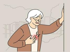 Unhealthy mature woman touch chest suffer from heart attack. Unwell senior grandmother struggle with cardiovascular disease. Vector illustration.