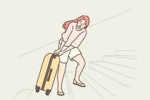 Woman tourist pulls travel suitcase up stairs at train station or airport, concept of uncomfortable urban environment. Girl tourist with heavy suitcase goes on long journey or expedition vector