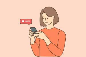 Smiling young woman check likes on cellphone on social media. Happy girl blogger use smartphone browsing internet on gadget. Blogging and influencer. Vector illustration.