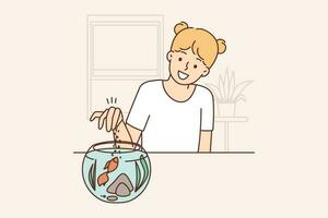 Smiling girl child feeding fish in aquarium. Happy kid give food to domestic pets. Vector illustration.