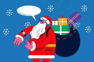 Smiling old Santa Claus with pack of presents on back check time for New Year gifts delivery. Happy father Christmas deliver giftboxes on xmas night. Winter holiday concept. Vector illustration.