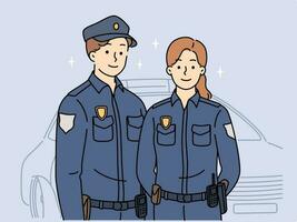 Couple of police employees in uniform standing near car. Officers work as patrol on street. Occupation concept. Vector illustration.