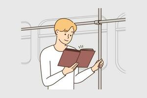 Young man riding in bus reading book. Smiling guy in public transport enjoy literature. Hobby and education. Vector illustration.