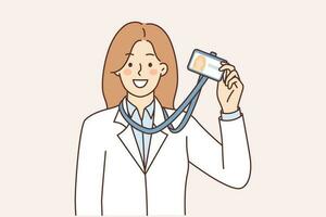 Woman demonstrate id card hanging around neck for identification and entry into science laboratory. Girl dressed in white coat of doctor shows badge document confirming work in clinic or hospital vector