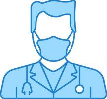 Male Doctor Wearing Mask And Stethoscope Blue And White Icon. vector