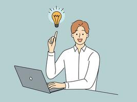 Smiling businessman sit on computer generate creative business idea. Happy male employee with lightbulb work on laptop brainstorm over problem solution. Vector illustration.