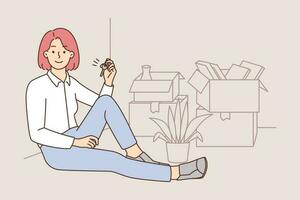 Happy female tenant sit on floor in own apartment holding keys in hands. Smiling woman celebrate moving to new house or flat. Rental and realty. Vector illustration.