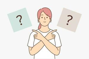 Woman points fingers in different directions trying to choose best of options and make difficult decision. Woman has difficulty thinking about important decision in face of uncertainty vector