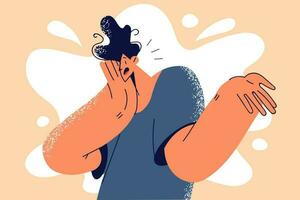 Unhappy man distressed with problem or mistake. Upset young male feel frustrated and confused have trouble or error. Vector illustration.