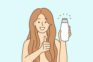 Smiling young woman with long healthy hair hold shampoo bottle recommend good beauty product. Happy female give recommendation to cosmetics. Vector illustration.