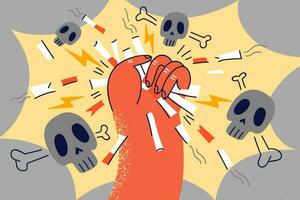 Hand of person throwing away cigarettes quit dangerous habit. Man or woman stop smoking scared of death and health troubles. Vector illustration.