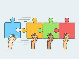 People hands with colorful jigsaw puzzles connect pieces together. Colleagues engaged in teambuilding activity. Teamwork concept. Vector illustration.