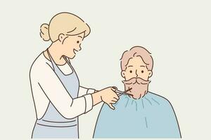 Hipster man cuts beard in beauty salon, wanting to have attractive appearance and stand out from crowd. Woman hairdresser from barbershop cuts beard and mustache to guy who does not want to shave vector