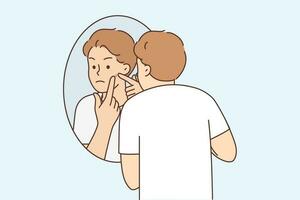 Distressed young man look in mirror unhappy with red pimple on face. Upset anxious male stressed with skincare problems. Facial trouble. Vector illustration.