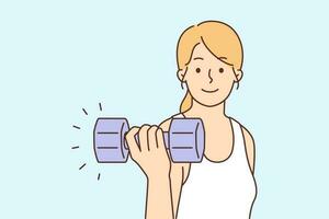 Smiling toned woman with dumbbell do sports. Happy female training exercising for better physical shape. Workout and fitness. Vector illustration.