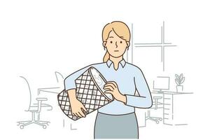 Woman secretary with trash can filled with crumpled paper is looking for lost document. Woman office employee holding trash can in hands for concept of recycling corporate documents vector