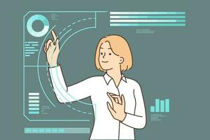 Businesswoman touches holographic dashboard or virtual screen symbolizing high technologies for corporate management. Woman near digital dashboard for analytics and business process monitoring concept vector