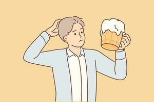 Man with mug of beer scratches head and doubts whether it is necessary to drink ale containing hops and alcohol. Confused guy with spilling beer doubts quality of drink due to excess of foam vector