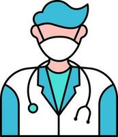 Male Doctor Wearing Mask And Stethoscope Blue And White Icon. vector