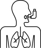 Black Thin Line Art Of Man Using Inhaler Pump Icon. vector