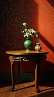 A brown table, wooden, classical style bouquet on the right side of the table. photo