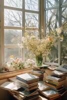 A photo of photobooks next to a big window.