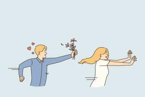 Excited man run after woman with flowers avoiding him. Male admirer show love and affection to female. Girl quit guy admiration. Vector illustration.