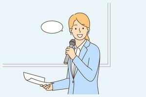 Smiling businesswoman with microphone making presentation in office. Happy female speaker or coach talk in mic present project on whiteboard. Vector illustration.