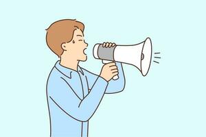 Stressed man scream in megaphones. Unhappy distressed guy shout in loudspeaker make announcement attract attention. Vector illustration.