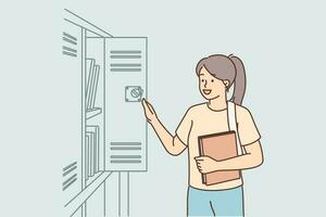 Girl student stands near locker in school or college pulling out books for math or literature lesson. Girl student smiling and standing in corridor, wanting to get quality education vector