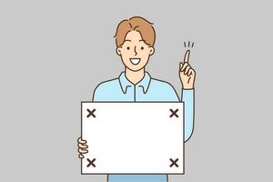 Smiling young man hold board in hands point up at good deal or promotion discount. Happy male with placard in hands recommend option. Vector illustration.