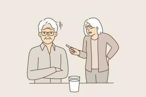 Elderly woman yells at man suffering from alcohol addiction and drinking vodka from glass. Gray-haired pensioner with elderly wife quarreling over alcohol problems or social disadvantage vector