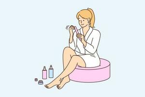 Happy young woman in bathrobe doing manicure at home. Smiling girl enjoy beauty day take care of body hygiene. Cosmetology and beautician. Vector illustration.