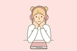 pequeño niña escucha audio libro utilizando auriculares como alternativa a leyendo libros de texto y preparando para lecciones a escuela. Chica de escuela es sentado a mesa utilizando auriculares a escucha música y relajarse vector