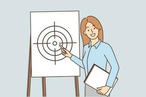 Young smiling businesswoman point at target on flipchart at office meeting. Happy female employee show aim at whiteboard. Achievement and goal. Vector illustration.