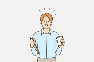 Happy businessman with tablet and coffee. Smiling motivated man employee or worker holding pad feel excited about working day. Vector illustration.