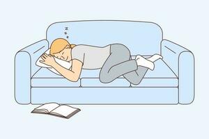 Happy young woman sleeping on sofa after reading book. Tired girl fall asleep on couch at home. Exhaustion and fatigue. Vector illustration.