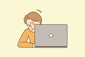 Unhappy young man working on laptop having problem online. Upset frustrated guy use computer confused with operational trouble or mistake. Vector illustration.