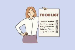 Smiling businesswoman show to do list with finish marks. Happy woman demonstrate check list with finished tasks. Time management. Vector illustration.