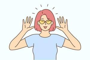 Smiling young woman in sunglasses make funny face expression. Happy girl have fun showing hand gesture. Vector illustration.