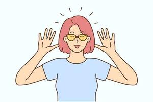 Smiling young woman in sunglasses make funny face expression. Happy girl have fun showing hand gesture. Vector illustration.