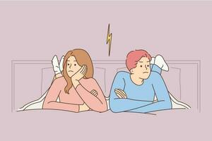 Angry stubborn lying in bed avoid talking after fight. Mad man and woman ignore each other have misunderstanding. Breakup and relation problem. Vector illustration.