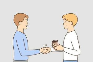 Smiling guys shake hands get acquainted outdoors. Happy men handshake greeting closing deal or making agreement. Vector illustration. Partnership concept.