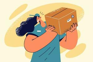 Smiling female courier in uniform holding cardboard package deliver order to client. Happy woman from postal service delivering parcel to customer. Vector illustration.