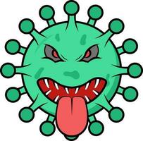lengua fuera virus dibujos animados cara verde y rojo icono. vector