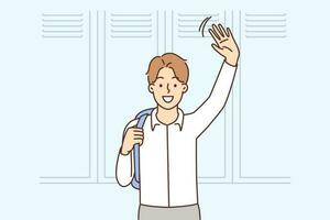 Smiling boy with backpack waving saying hello at school. Happy schoolboy feeling excited in classroom. Male student in college or university. Vector illustration.