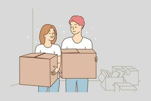 Happy couple with cardboard boxes moving in together. Smiling man and woman celebrate relocation day to new house or apartment. Rental and realty. Vector illustration.