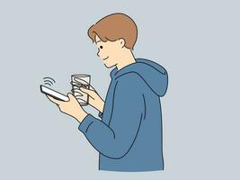 Smiling man using cellphone drinking water from glass. Happy young guy hold smartphone browsing internet on device. Technology concept. Vector illustration.